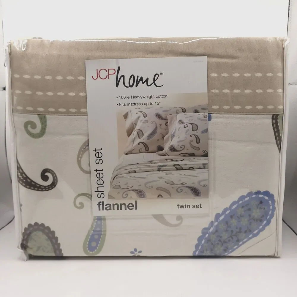 JCP Home Flannel Sheet Set Twin Size with Paisley Design on Neutral Background